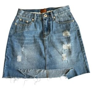 POL Distressed Denim Skirt Raw Hem Ripped Blue Jeans A Line Mini Size S NWOT